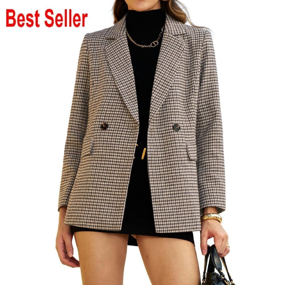 Oversized Boyfriend Blazer Plaid Tweed Jacket Fully Lined Work Office Chic